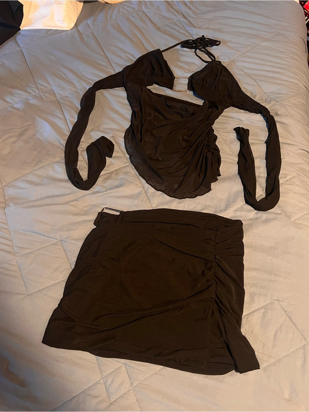 Outcast Milos Set - Tie Top & Ruched Slit Skirt Black